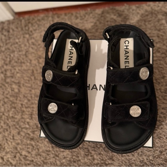CHANEL Shoes - CHANEL Black Velvet Dad Sandal with Silver Accents
